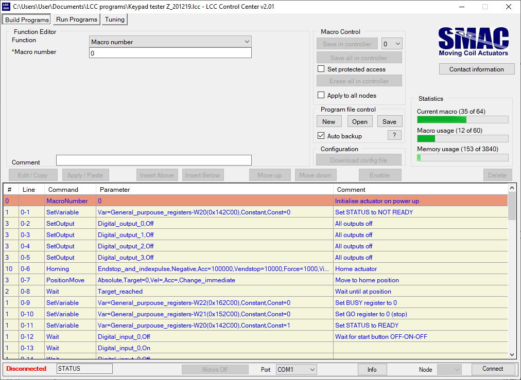 Example of programming page on SMAC LCC Control Centre